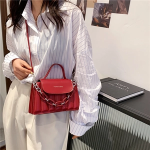 Retro red crossbody chain bag with vertical pleated PU leather and top handle for women