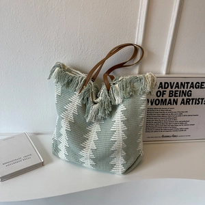Women Knitted Nylon Tote Bag Bohemian Tassel Shoulder Bag Large Capacity Geometric Pattern Summer Casual Commuter Handbag
