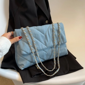 Sac À Bandoulière En Denim Matelassé En V Pour Femme Rétro Décontracté Sacoche À Rabat Avec Chaîne Métallique Petit Carré Mode