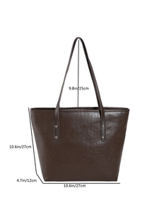Brown crocodile embossed tote bag with large capacity and dimensions in inches