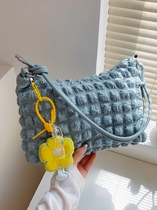 Women Popcorn Texture Tote Bag Soft Bubble Fabric Shoulder Bag With Knot Strap Macaron Color Minimalist Casual Handbag