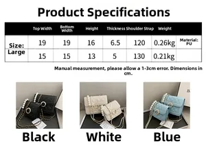 Detailed size chart for quilted crossbody bag with pearl handle and chain strap specs