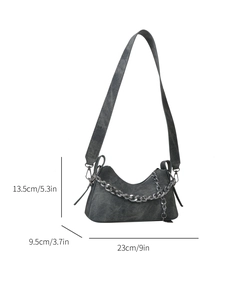 Denim crescent crossbody bag with silver chain and size dimensions 23x13.5x9.5 cm