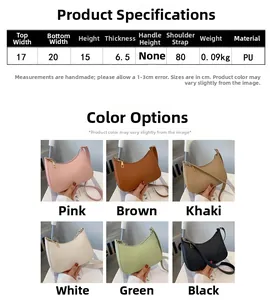 Size chart showing PU leather bag dimensions 20x15x6.5cm and available colors