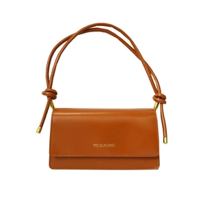 Classic caramel brown leather baguette shoulder bag with knot strap and golden logo