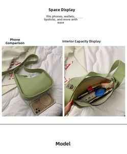 Detailed view of the light green crescent bag showing its interior capacity and dimensions