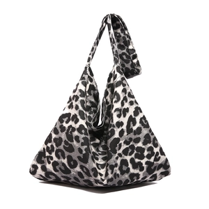 Minimalist leopard print triangle tote bag with grey and black animal pattern