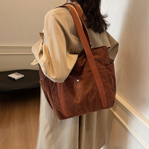 Women Large Capacity Corduroy Tote Bag Casual Retro Shoulder Bag With Multi Pockets For Daily Commute Work School Shopping