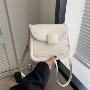 Women Retro PU Leather Small Square Bag With Faux Sheepskin Trim Shoulder Crossbody Flap Bag