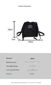 Size chart for large nylon bucket bag with dimensions 23x20x7cm and adjustable strap