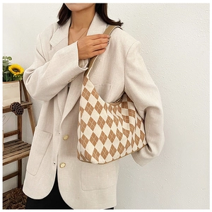 Detail of checkered hobo bag worn with beige blazer against a minimalist white background