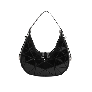 Minimalist black geometric crescent underarm bag with adjustable strap on white background