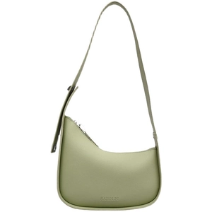 Minimalist sage green asymmetrical shoulder bag with adjustable strap and pebble leather texture