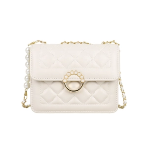 Elegant beige quilted crossbody bag with pearl handle and golden chain strap for women