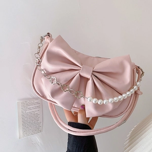 Sac à épaule rose avec nœud papillon, chaîne à fleurs et perles pour femme
