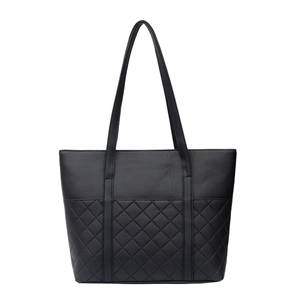 Minimalist black faux leather tote bag with elegant quilted diamond stitching pattern