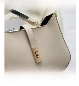Close-up of beige leather handbag featuring a golden rectangular twist-lock and texture