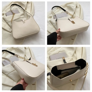 Detailed views of beige minimalist crossbody bag showing interior capacity and golden chain