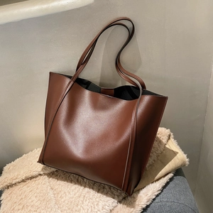Women Minimalist PU Leather Tote Bag Large Capacity Commuter Shoulder Bag And Small Pouch Solid Color Casual Handbag