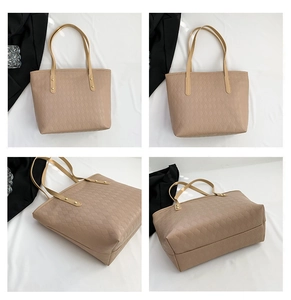 Detailed four-way view of beige quilted tote bag showing front, side and bottom angles
