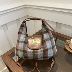 Vintage Plaid Large Capacity Hobo Bag For Women Retro Checkered Underarm Shoulder Bag With Cartoon Dog Pattern Casual Tote