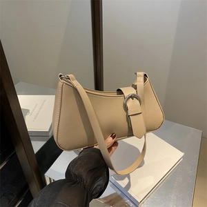 Women PU Leather Baguette Bag Retro Minimalist Underarm Shoulder Handbag With Large Silver Round Buckle Fashion Casual