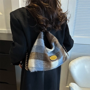 Large capacity blue and brown plaid plush tote bag with gold chain strap for winter