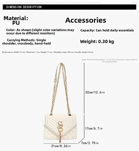 Detail showing white quilted shoulder bag dimensions 21x7x17cm with gold chain and tassel