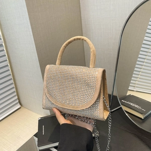 Rhinestone Flap Small Square Bag PU Suede Crossbody Shoulder Bag With Metal Chain For Women Fashion Trendy