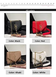 Detail view of square crossbody bags in black, red, khaki and white with gold SS hardware