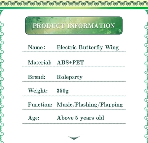 Detailed technical specifications for the electric butterfly wings for kids party