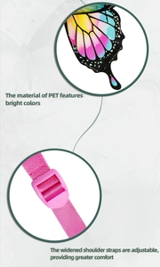 Detail of vibrant PET material and adjustable pink nylon straps on electric butterfly wings