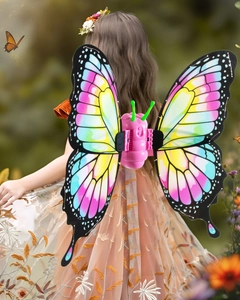 Detail of pink electric butterfly wings for kids with vibrant gradient colors and straps