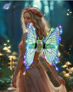 Detail of glowing electric butterfly wings with blue-purple gradients and LED lights