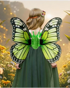 Detail view of electric glowing butterfly wings with realistic textures and adjustable straps