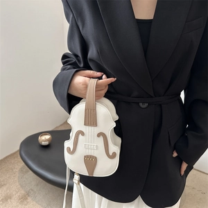 Unique violin shaped handbag in white and brown leather with adjustable cross body strap