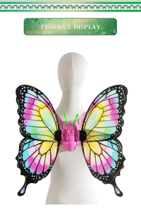 Macro detail of electric glowing rainbow butterfly wings on child mannequin display