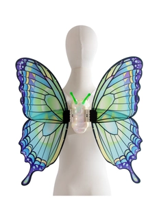 Detail view of electric glowing butterfly wings with LED edges and adjustable straps