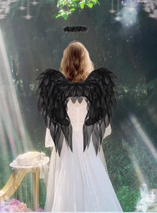 Detail of black feather angel wings and fluffy halo headband for party costume