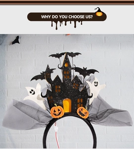 Détail du serre-tête LED Halloween avec château pailleté, fantôme et citrouille
