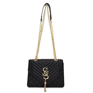 Classic black quilted shoulder bag with gold S-buckle and elegant chain strap for women