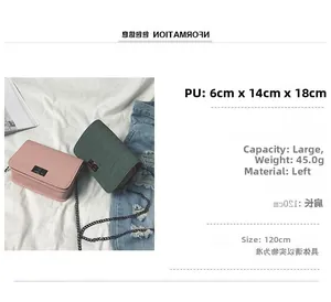 Detailed view of small square crossbody bags in pink and green with chain straps