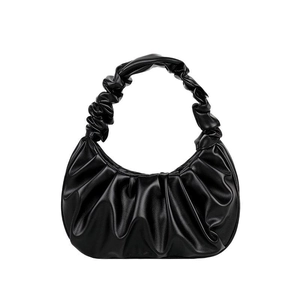 Classic black ruched scrunchie handbag with half-moon silhouette on white background