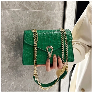 Green faux crocodile pattern shoulder bag with gold chain strap and metal horseshoe lock