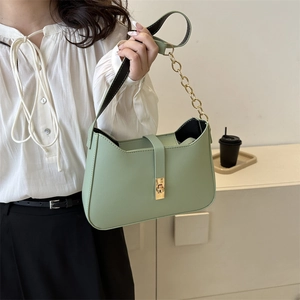 Chic light green minimalist shoulder bag with gold metal buckle and chain strap for women