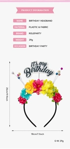 Dimensions détaillées du serre-tête fleuri coloré pour anniversaire avec perles et mesures