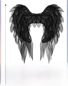 Detailed size chart for black organza angel wings showing 62x58 cm dimensions