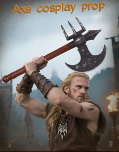 Viking cosplay axe prop with worn metal texture and imitation wood grain handle