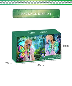 Detail view of electric butterfly wings packaging showing size and music light features