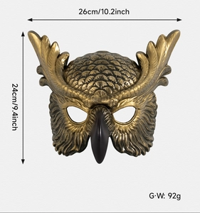 Front view of owl mask with bronze finish showing 26x24cm dimensions and 92g weight